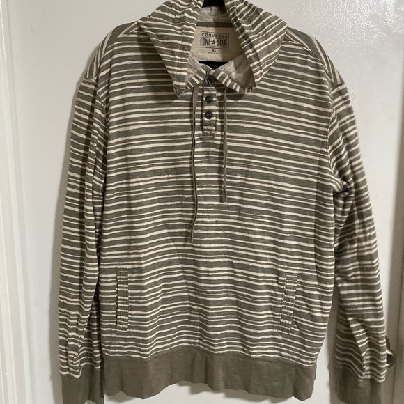 CONVERSE Mens Hoodie Jackets XL Beige Olive Long Sleeve Pullover Pocket Striped. - Picture 3 of 8